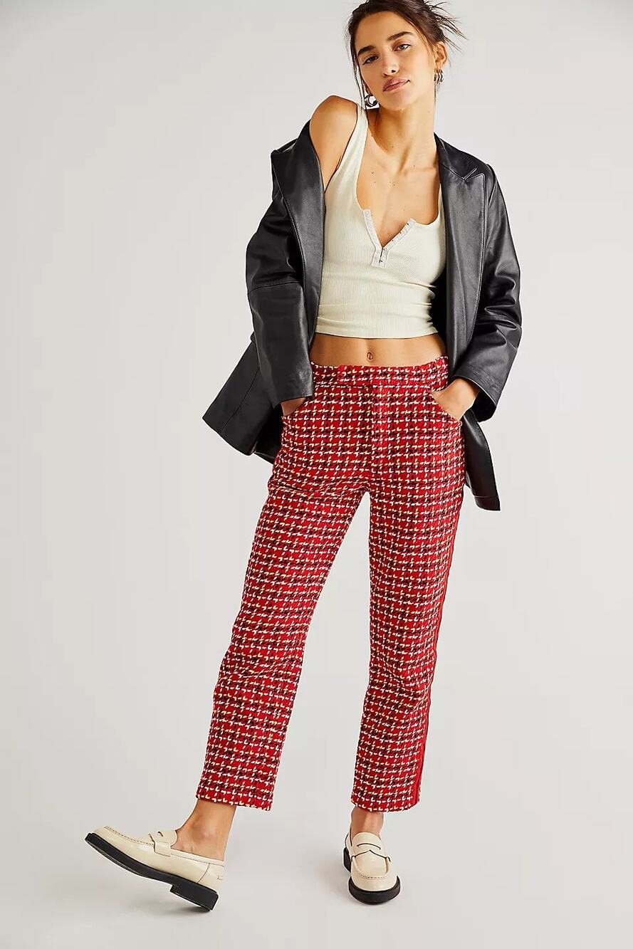 New Free People Anna Sui Neo Plaid Houndstooth Mid-Rise Pants $504 SIZE 2 Red